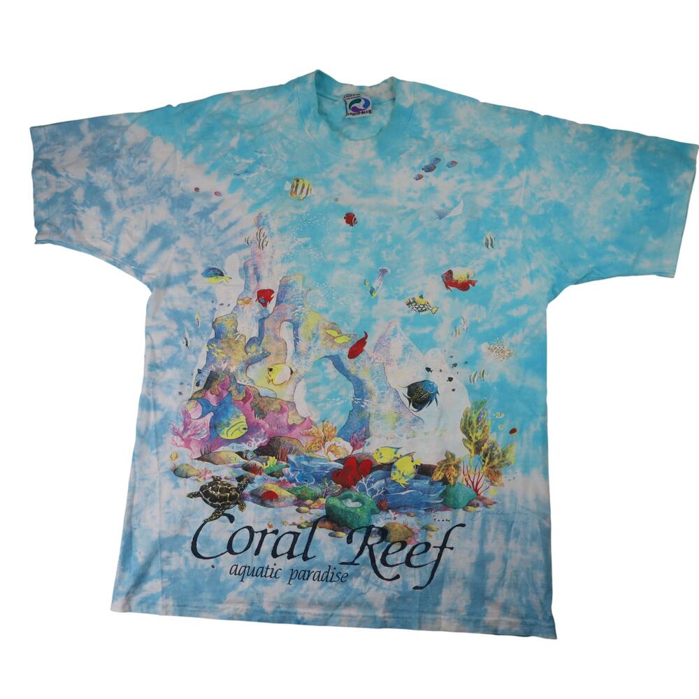 Vintage 1992 Liquid Blue Coral Reef Tie Dye Graphic T Shirt